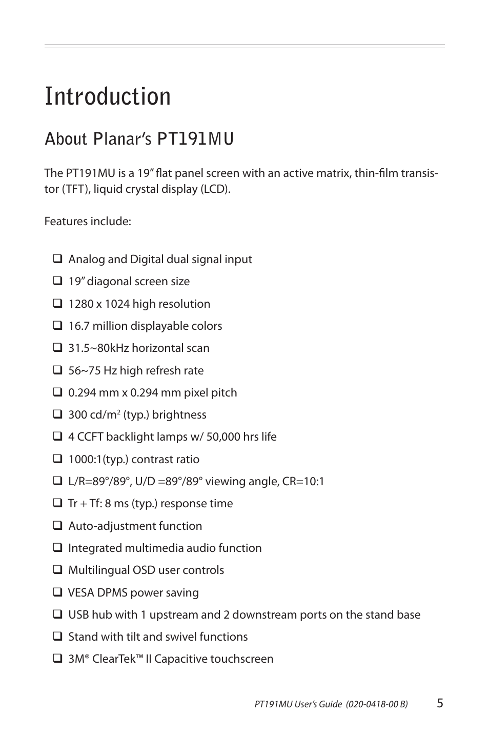 Introduction, About planar’s pt191mu | Planar PT191MU User Manual | Page 5 / 24