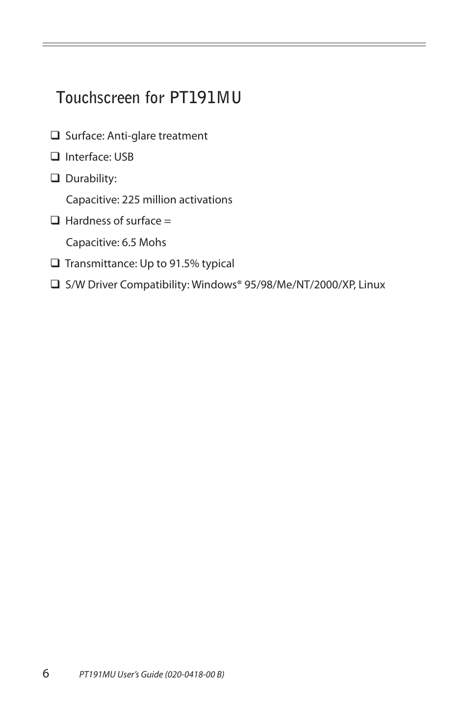 Touchscreen for pt191mu | Planar PT191MU User Manual | Page 6 / 24