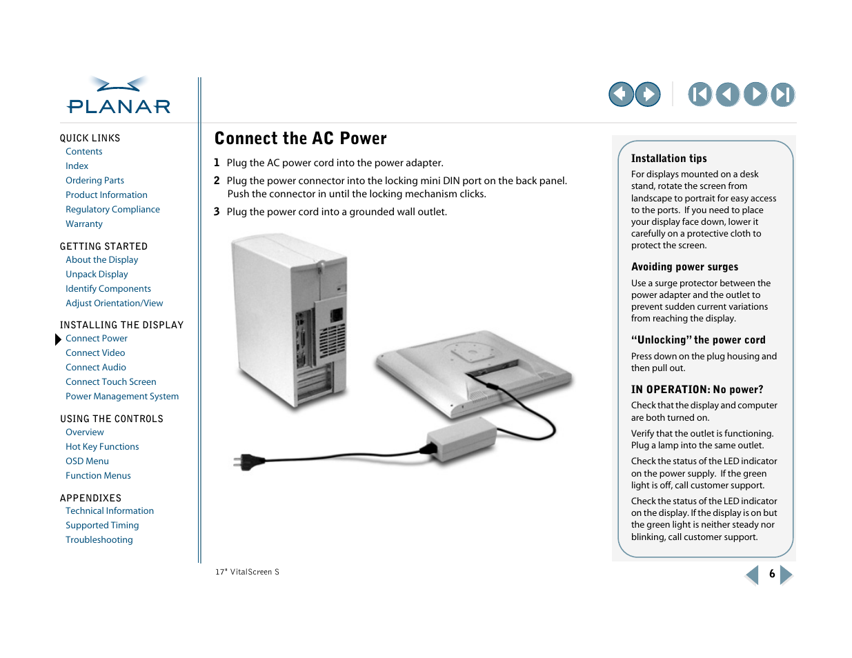 2 installing the display, Connect the ac power, Connect power | Planar VSS17SX User Manual | Page 14 / 35
