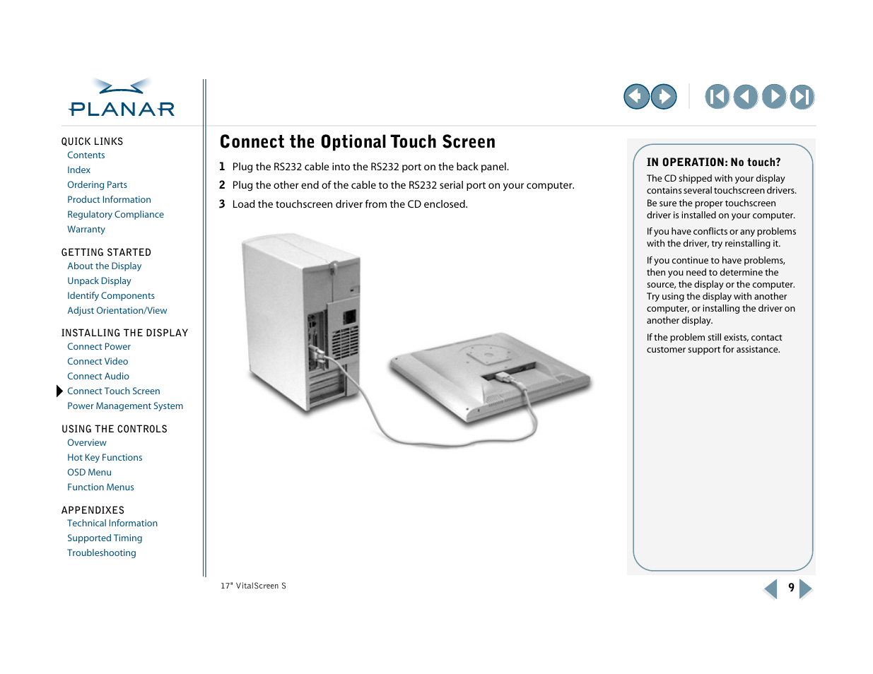 Connect the optional touch screen, Connect touch screen | Planar VSS17SX User Manual | Page 17 / 35
