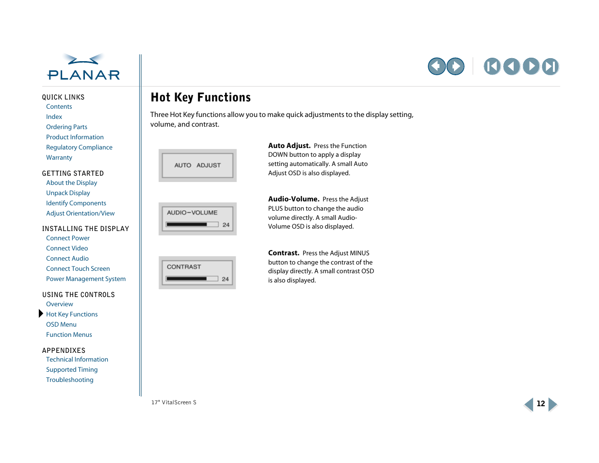 Hot key functions | Planar VSS17SX User Manual | Page 20 / 35