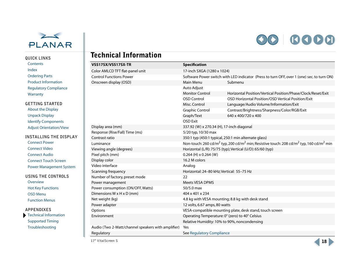 Appendix a: technical information, Technical information | Planar VSS17SX User Manual | Page 26 / 35