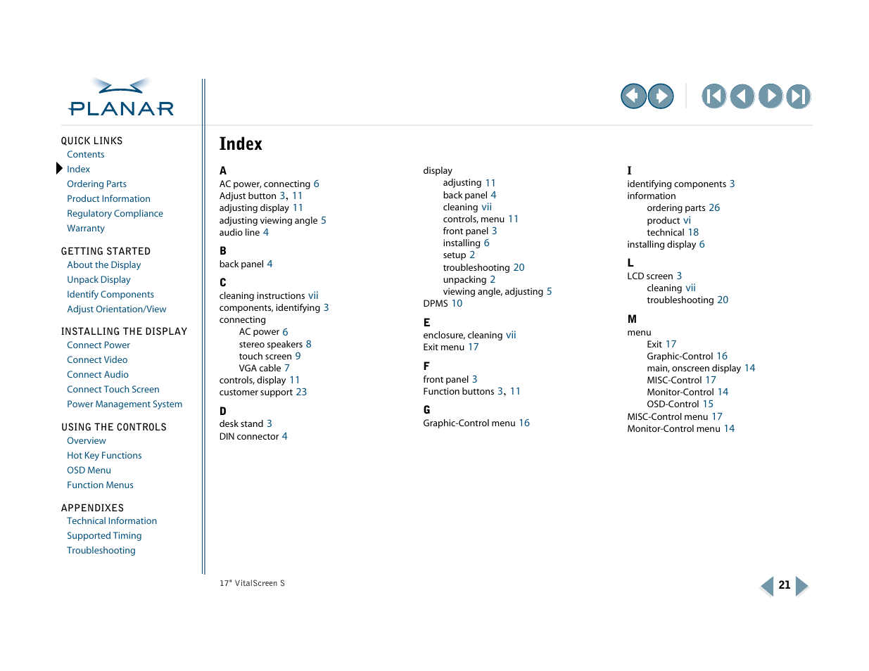 Index | Planar VSS17SX User Manual | Page 29 / 35