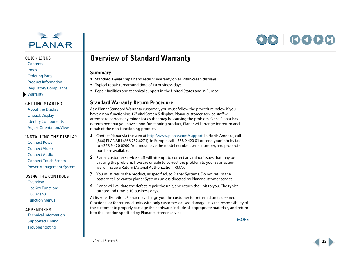 Standard warranty, Warranty, Overview of standard warranty | Planar VSS17SX User Manual | Page 31 / 35