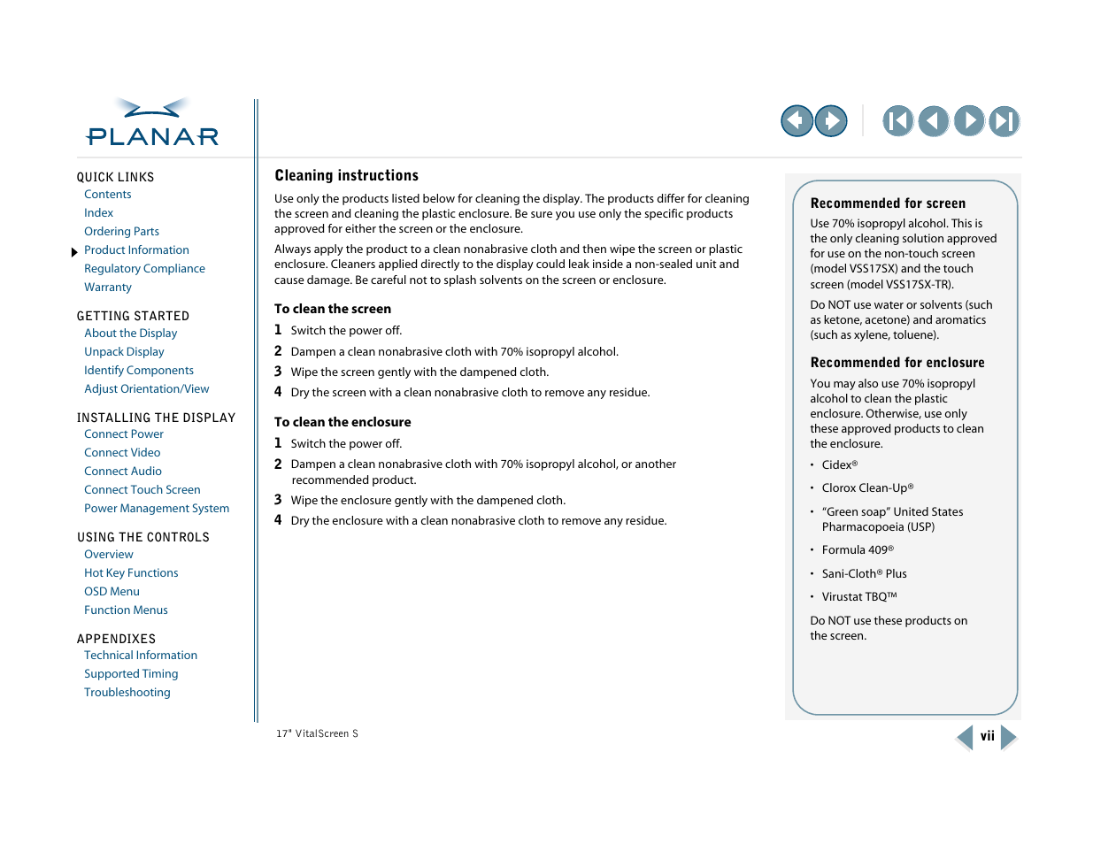 Cleaning instructions | Planar VSS17SX User Manual | Page 7 / 35