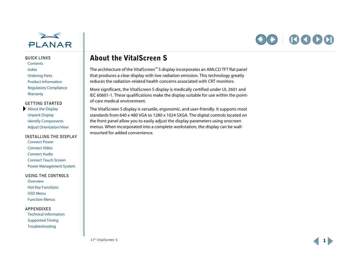 1 getting started, About the vitalscreen s, About the display | Planar VSS17SX User Manual | Page 9 / 35