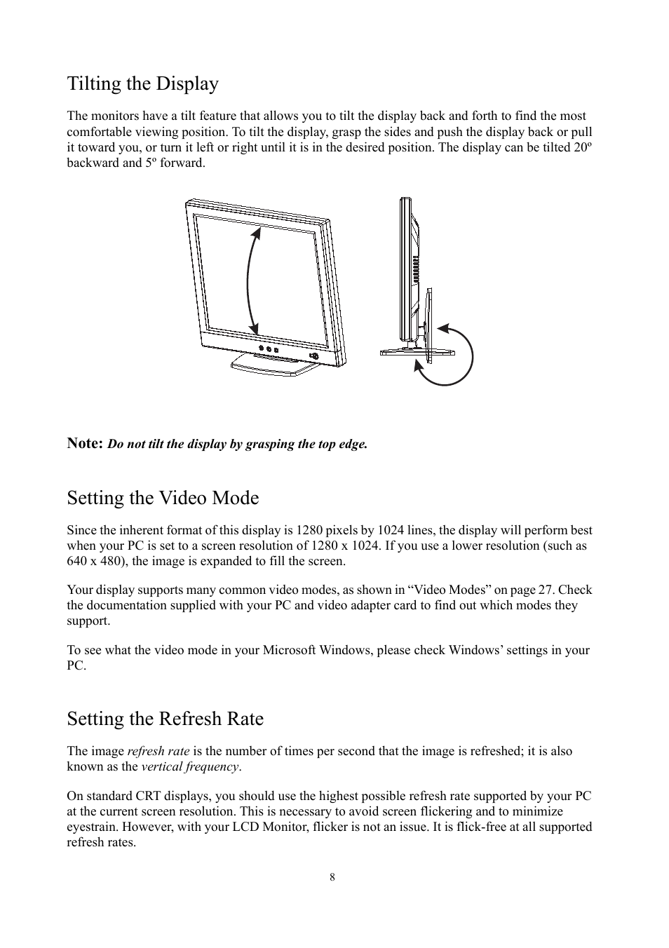 Tilting the display, Setting the video mode, Setting the refresh rate | Planar PE1900 User Manual | Page 10 / 32