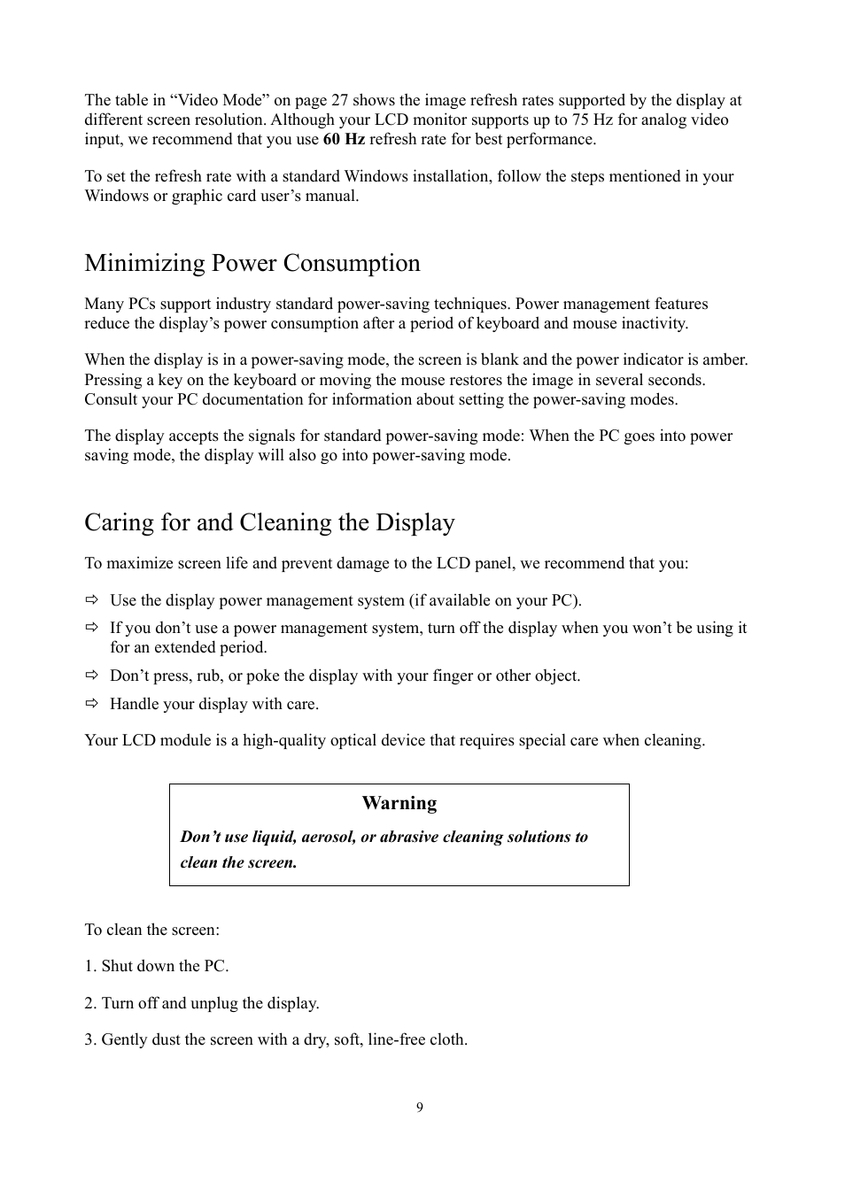 Minimizing power consumption, Caring for and cleaning the display | Planar PE1900 User Manual | Page 11 / 32