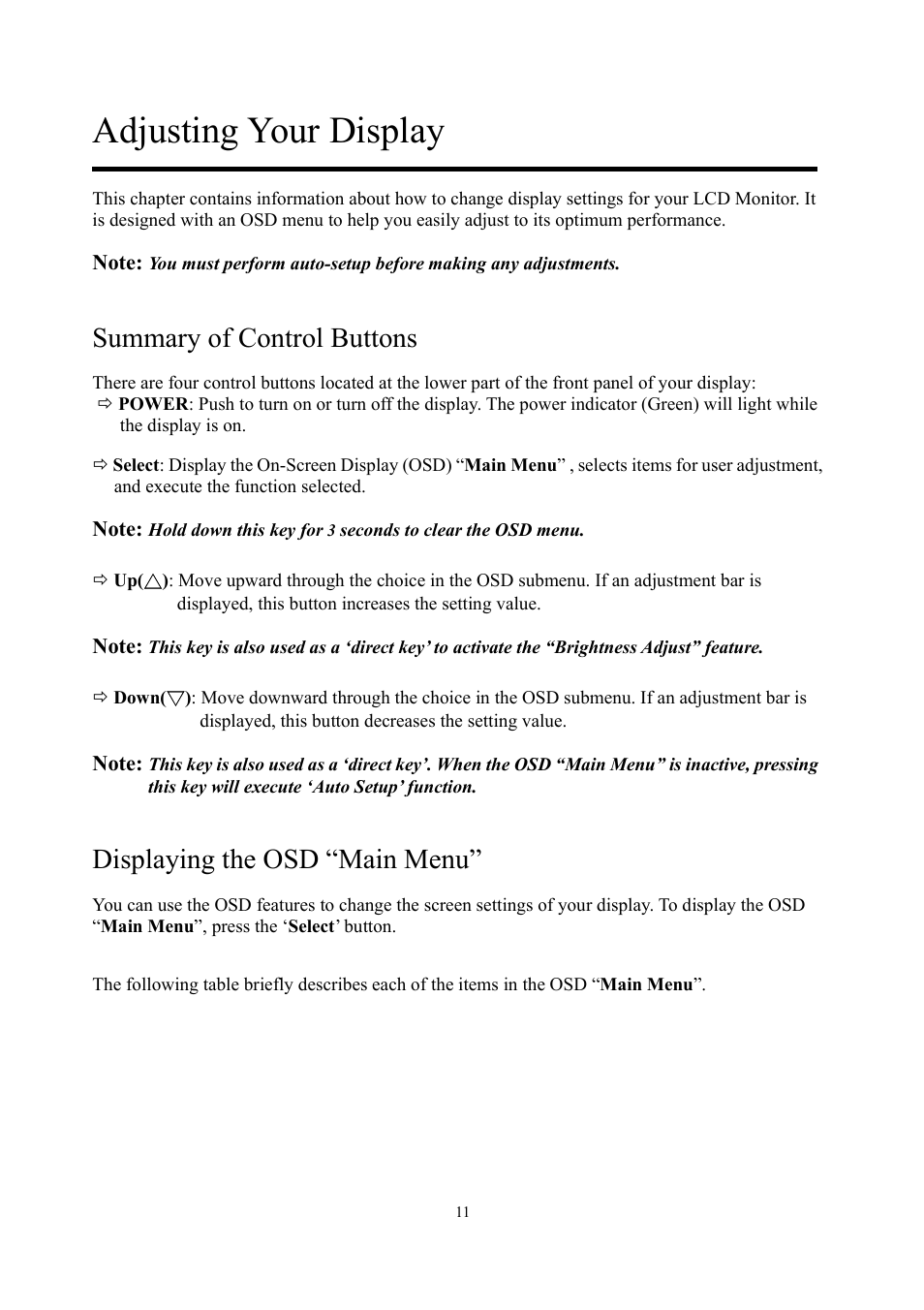 Adjusting your display, Summary of control buttons, Displaying the osd “main menu | Planar PE1900 User Manual | Page 13 / 32