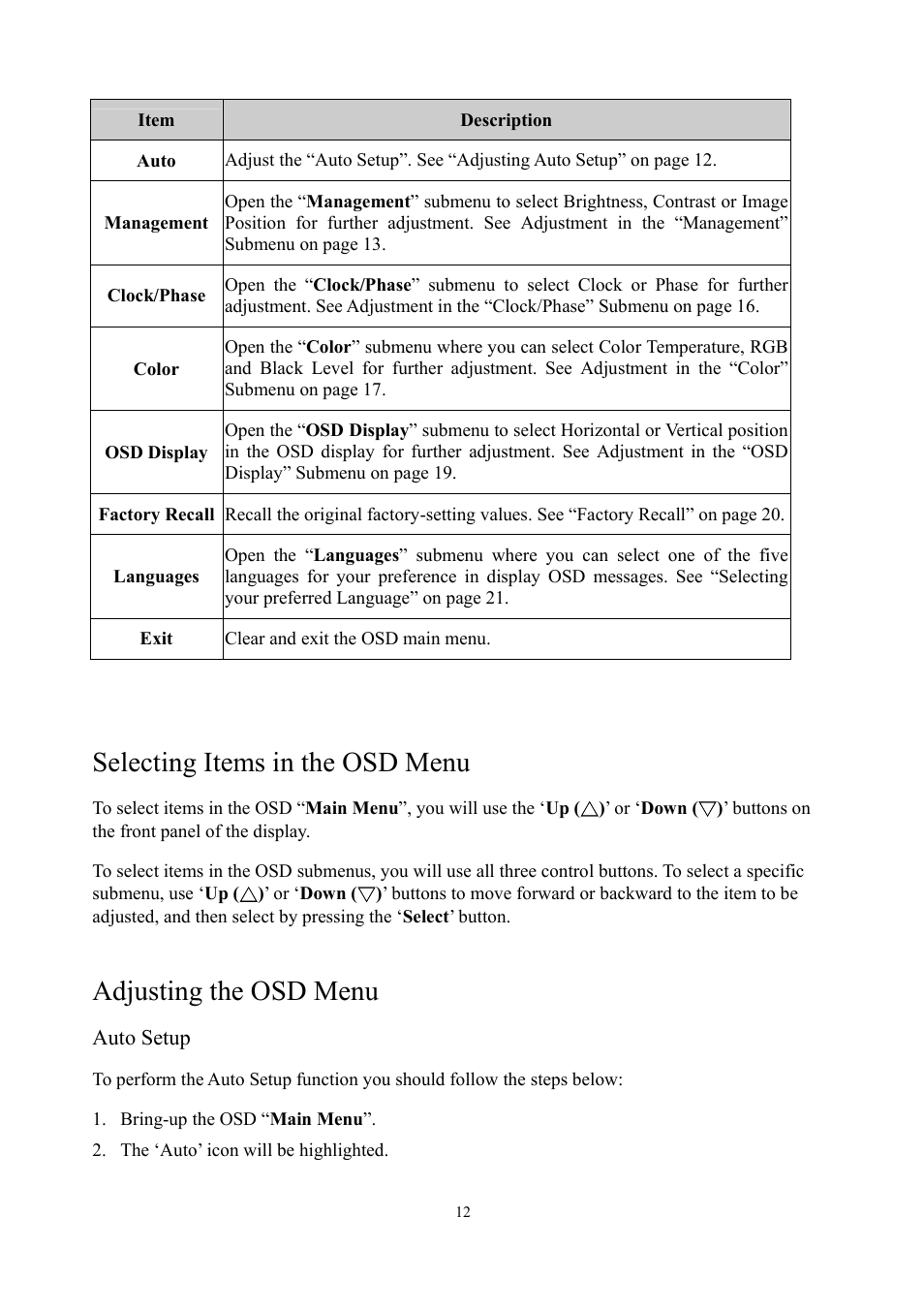 Selecting items in the osd menu, Adjusting the osd menu | Planar PE1900 User Manual | Page 14 / 32