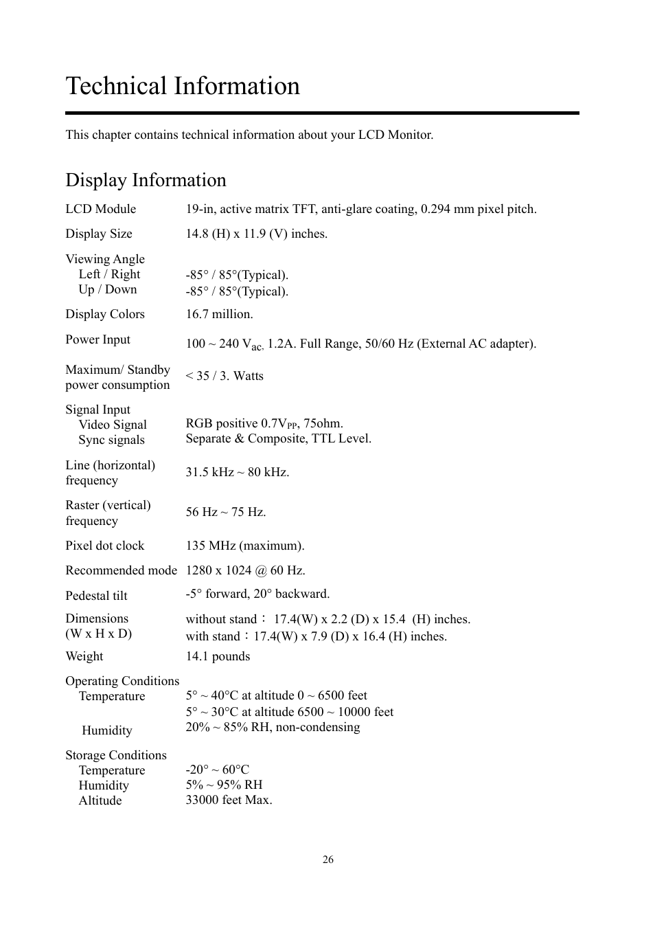 Technical information, Display information | Planar PE1900 User Manual | Page 28 / 32
