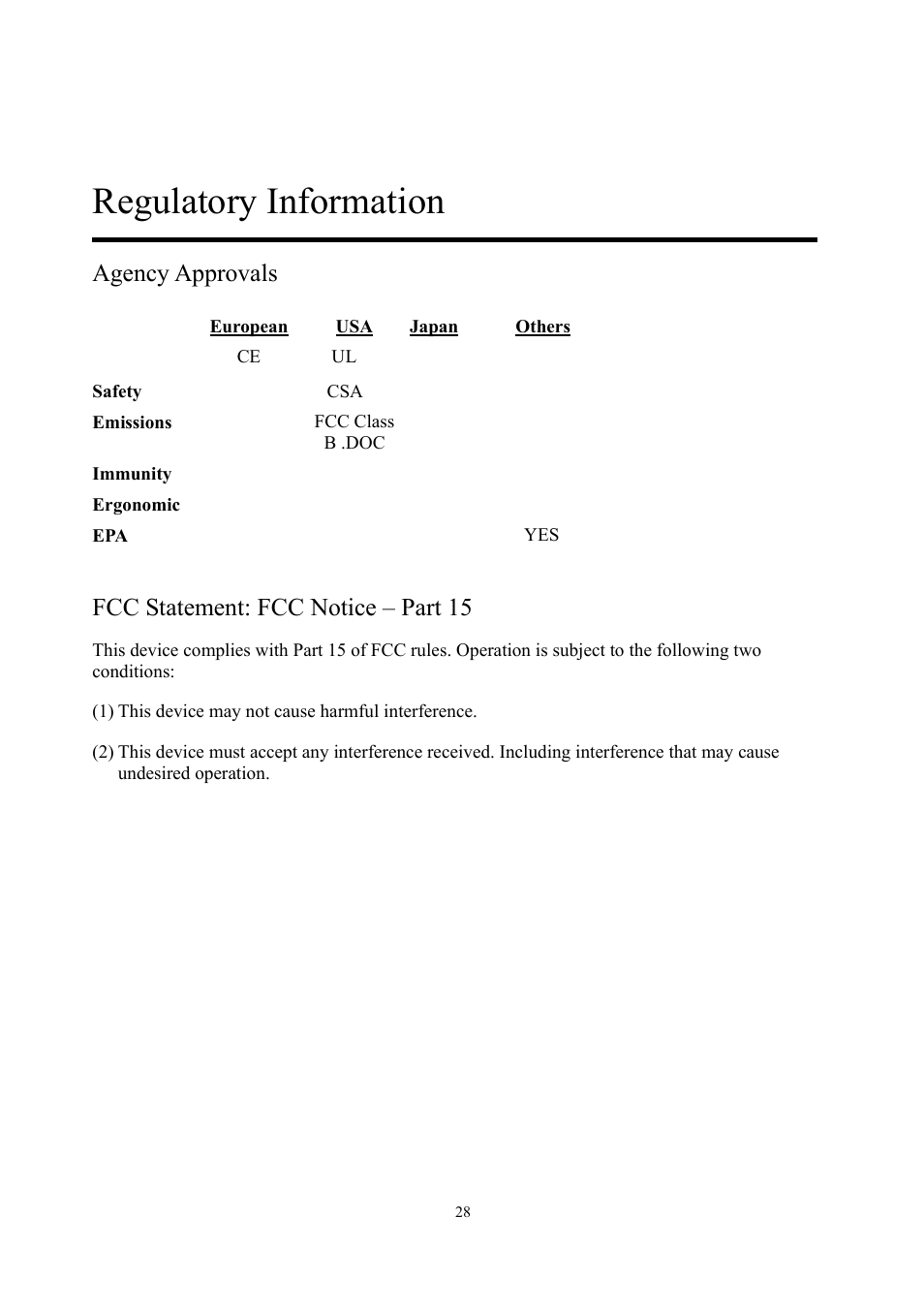 Regulatory information, Agency approvals, Fcc statement: fcc notice – part 15 | Planar PE1900 User Manual | Page 30 / 32