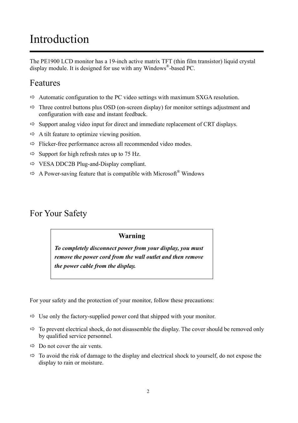 Introduction, Features, For your safety | Planar PE1900 User Manual | Page 4 / 32