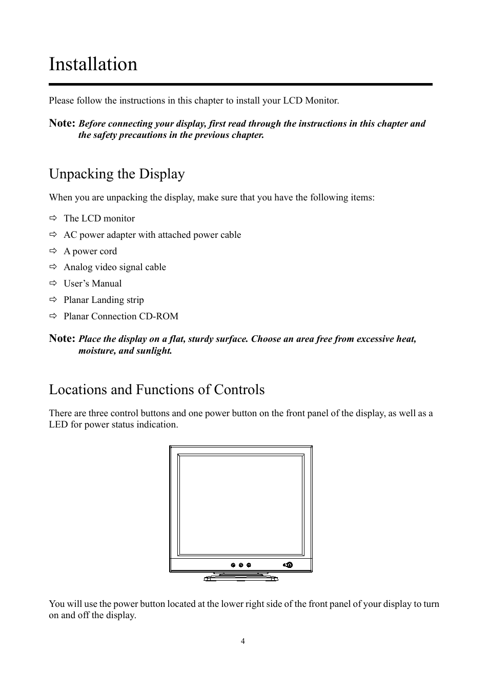 Installation, Unpacking the display, Locations and functions of controls | Planar PE1900 User Manual | Page 6 / 32