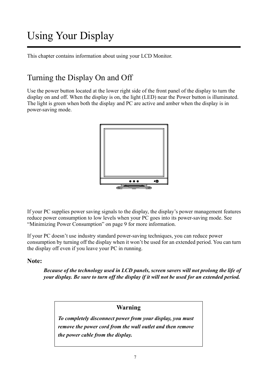 Using your display, Turning the display on and off | Planar PE1900 User Manual | Page 9 / 32