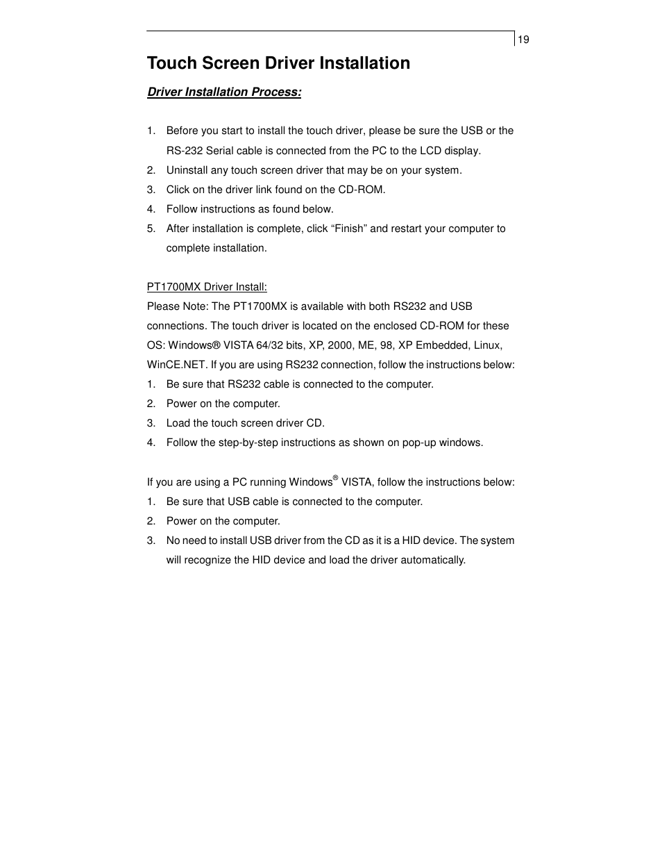 Touch screen driver installation | Planar PT1700MX User Manual | Page 21 / 24