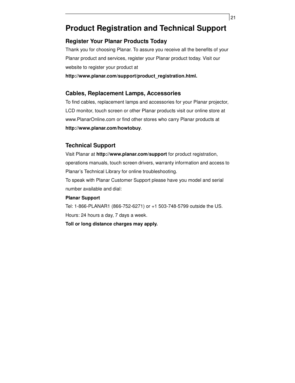Product registration and technical support | Planar PT1700MX User Manual | Page 23 / 24