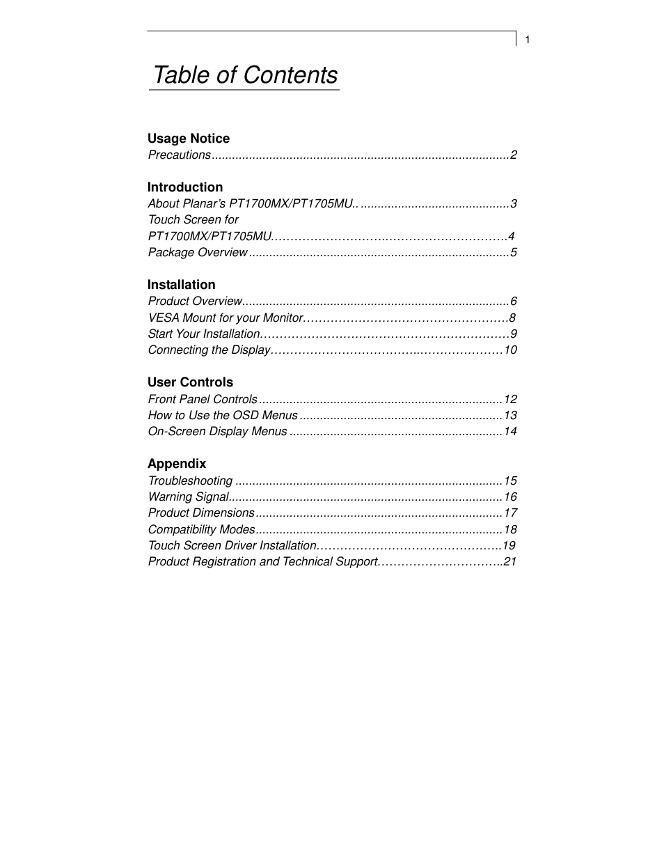Planar PT1700MX User Manual | Page 3 / 24