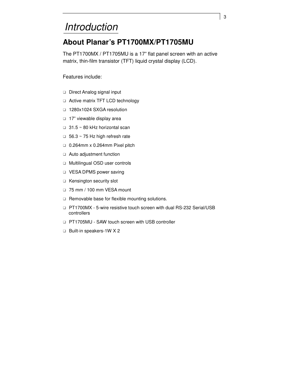 Introduction | Planar PT1700MX User Manual | Page 5 / 24
