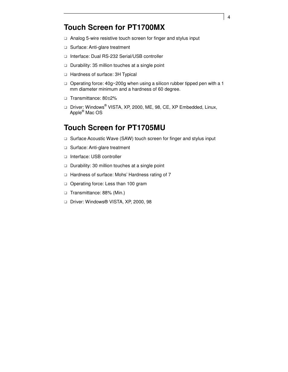 Touch screen for pt1700mx, Touch screen for pt1705mu | Planar PT1700MX User Manual | Page 6 / 24