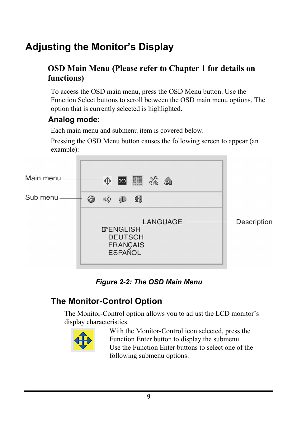 Adjusting the monitor’s display, The monitor-control option | Planar PE191M User Manual | Page 16 / 28