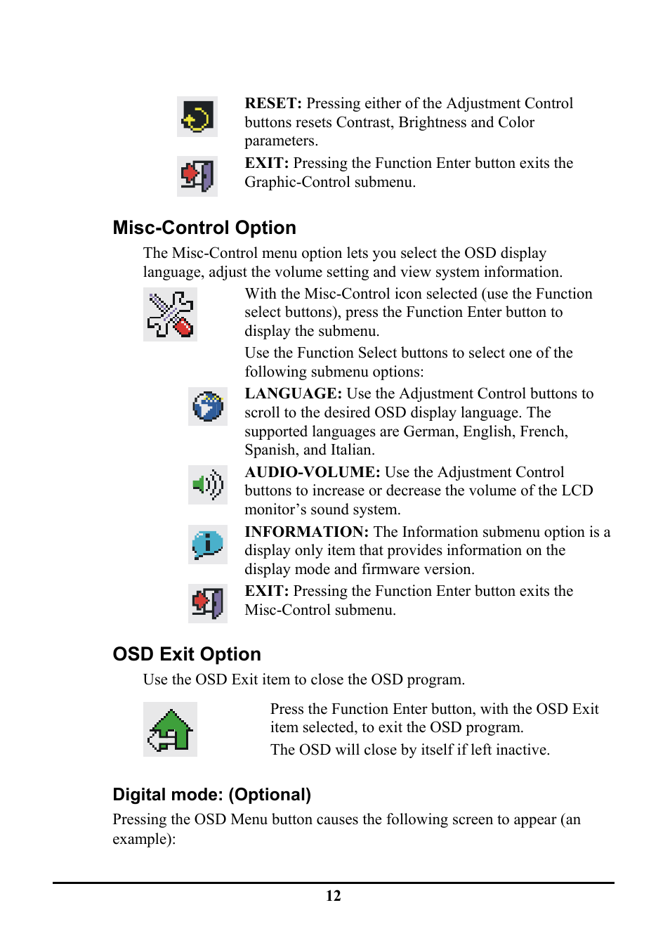 Misc-control option, Osd exit option | Planar PE191M User Manual | Page 19 / 28