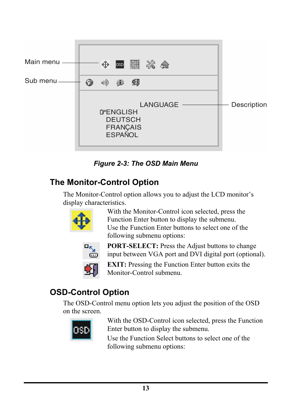 The monitor-control option, Osd-control option | Planar PE191M User Manual | Page 20 / 28