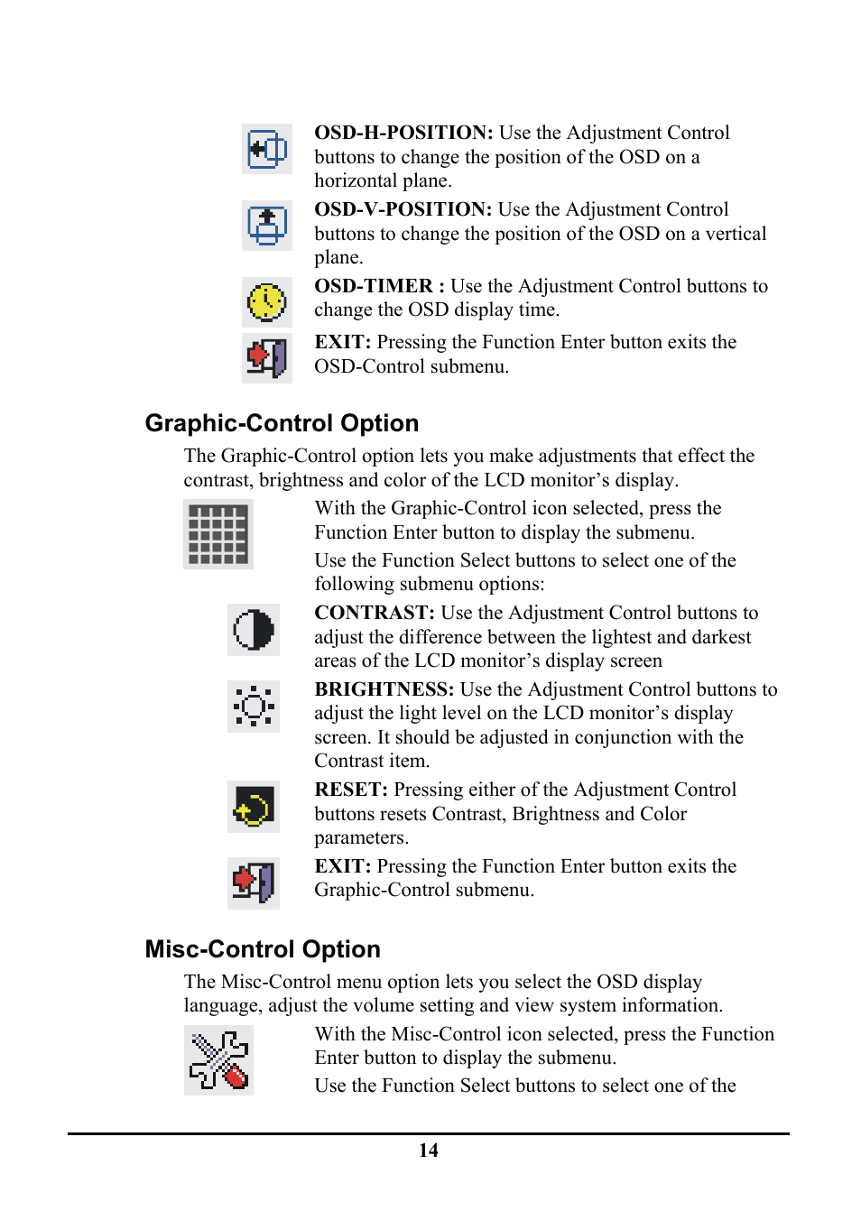 Graphic-control option, Misc-control option | Planar PE191M User Manual | Page 21 / 28