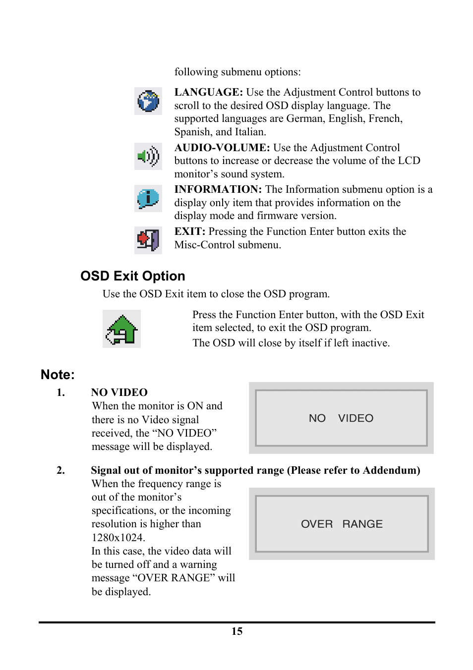 Osd exit option | Planar PE191M User Manual | Page 22 / 28