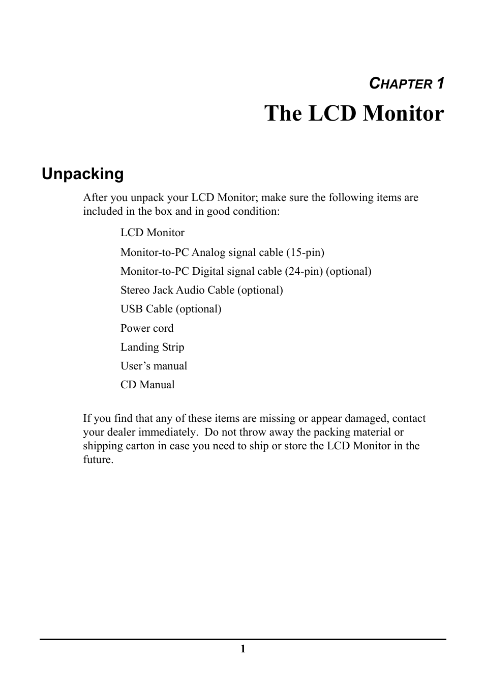 The lcd monitor, Unpacking | Planar PE191M User Manual | Page 8 / 28