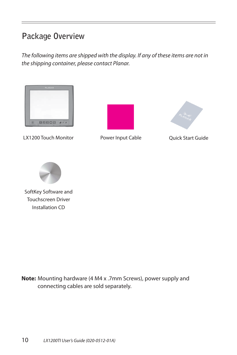 Package overview | Planar Touch Monitor LX1200TI User Manual | Page 10 / 29