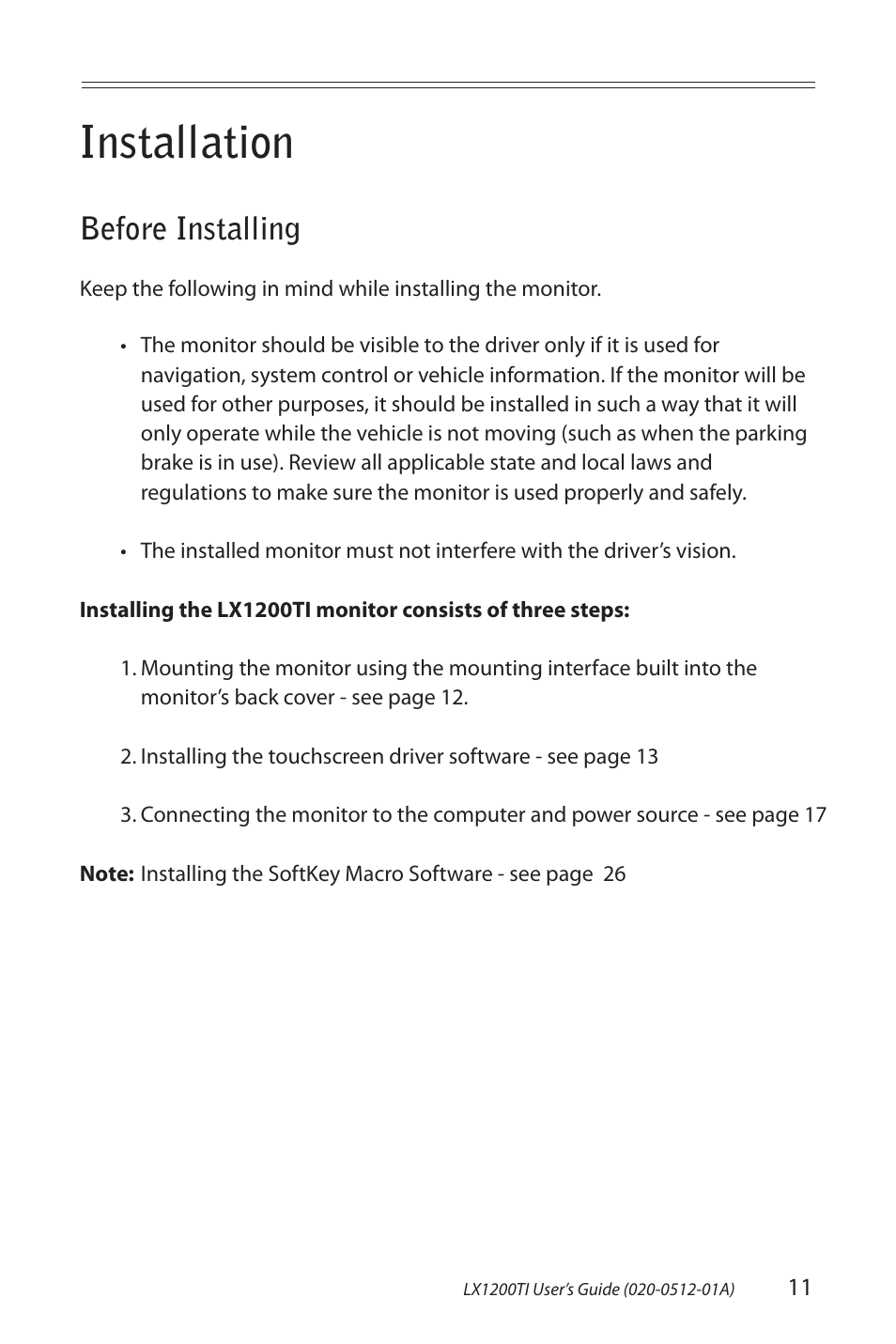 Installation, Before installing | Planar Touch Monitor LX1200TI User Manual | Page 11 / 29