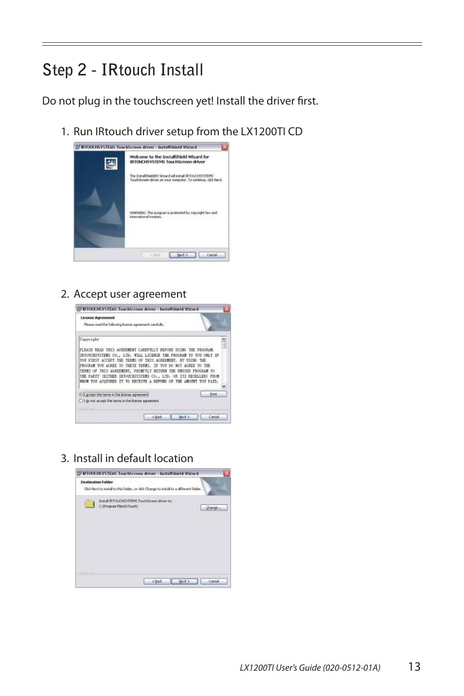 Step 2 - irtouch install | Planar Touch Monitor LX1200TI User Manual | Page 13 / 29