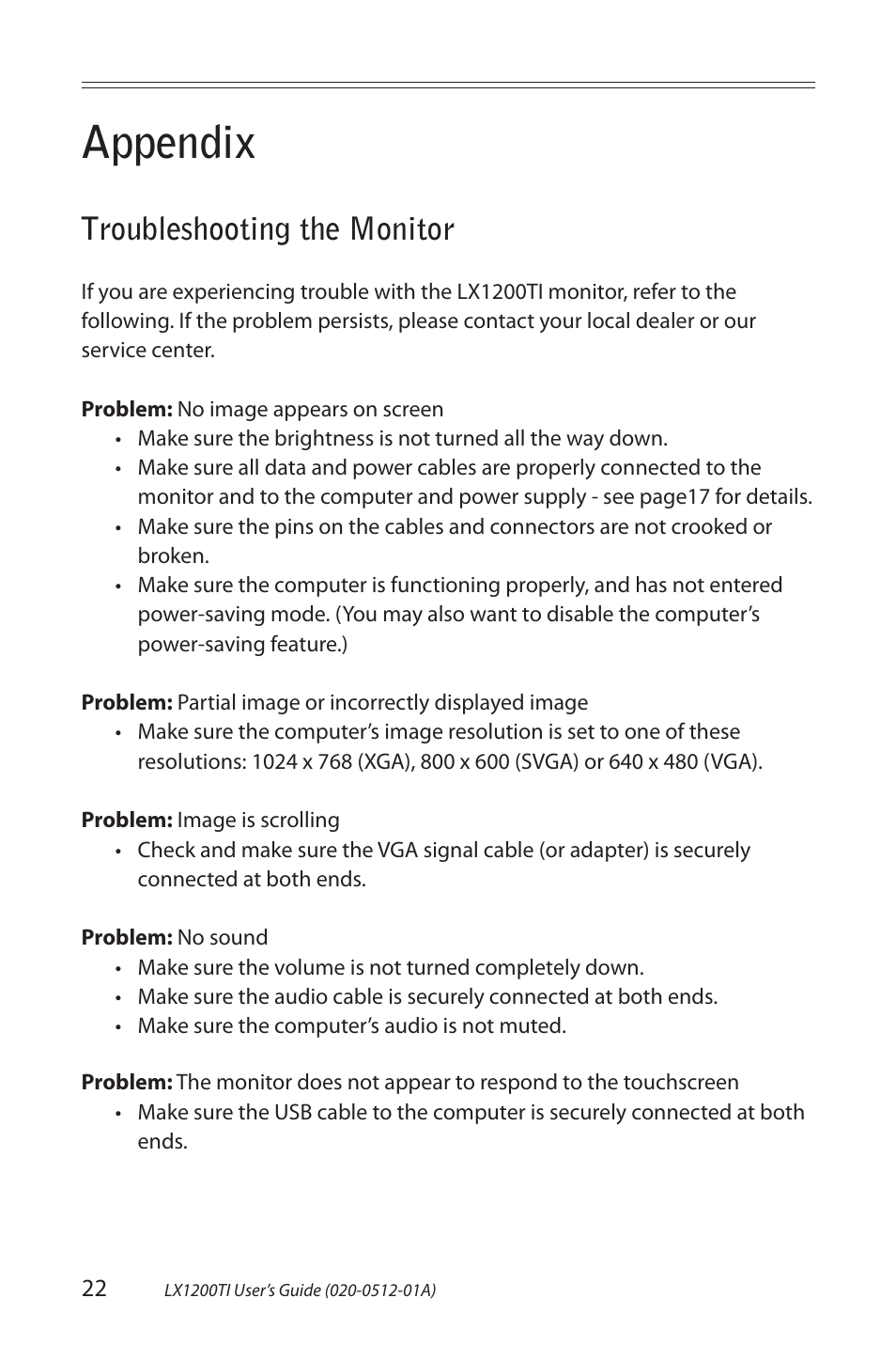 Appendix, Troubleshooting the monitor | Planar Touch Monitor LX1200TI User Manual | Page 22 / 29