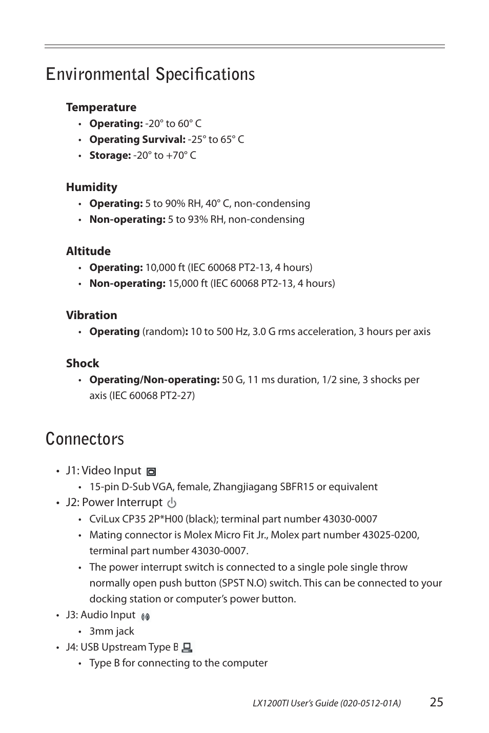 Environmental speciﬁ cations, Connectors | Planar Touch Monitor LX1200TI User Manual | Page 25 / 29