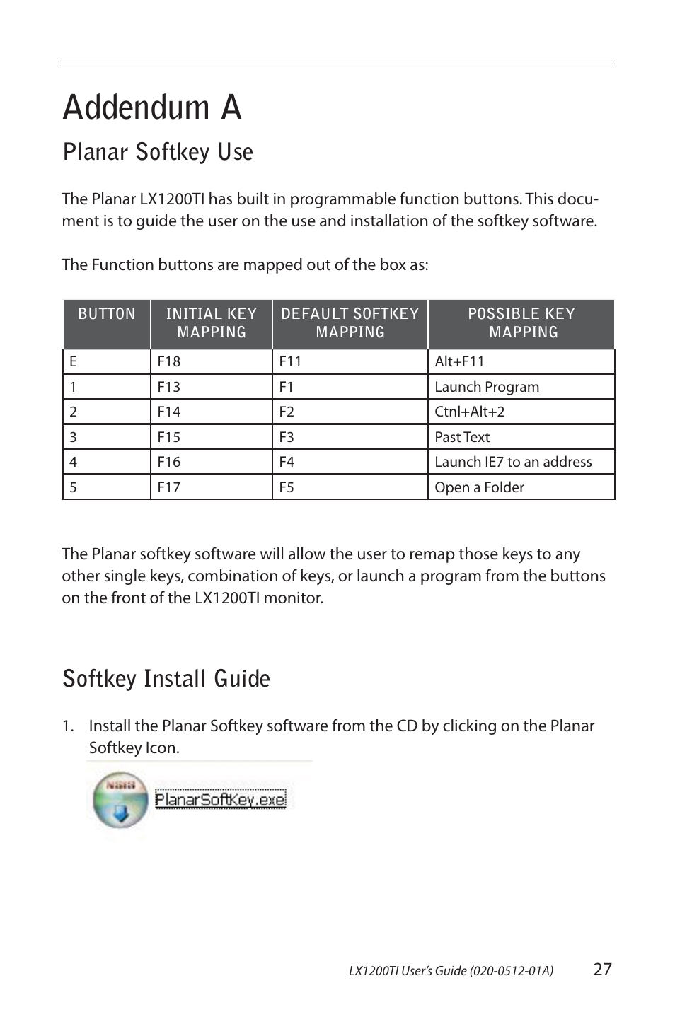 Addendum a, Planar softkey use, Softkey install guide | Planar Touch Monitor LX1200TI User Manual | Page 27 / 29