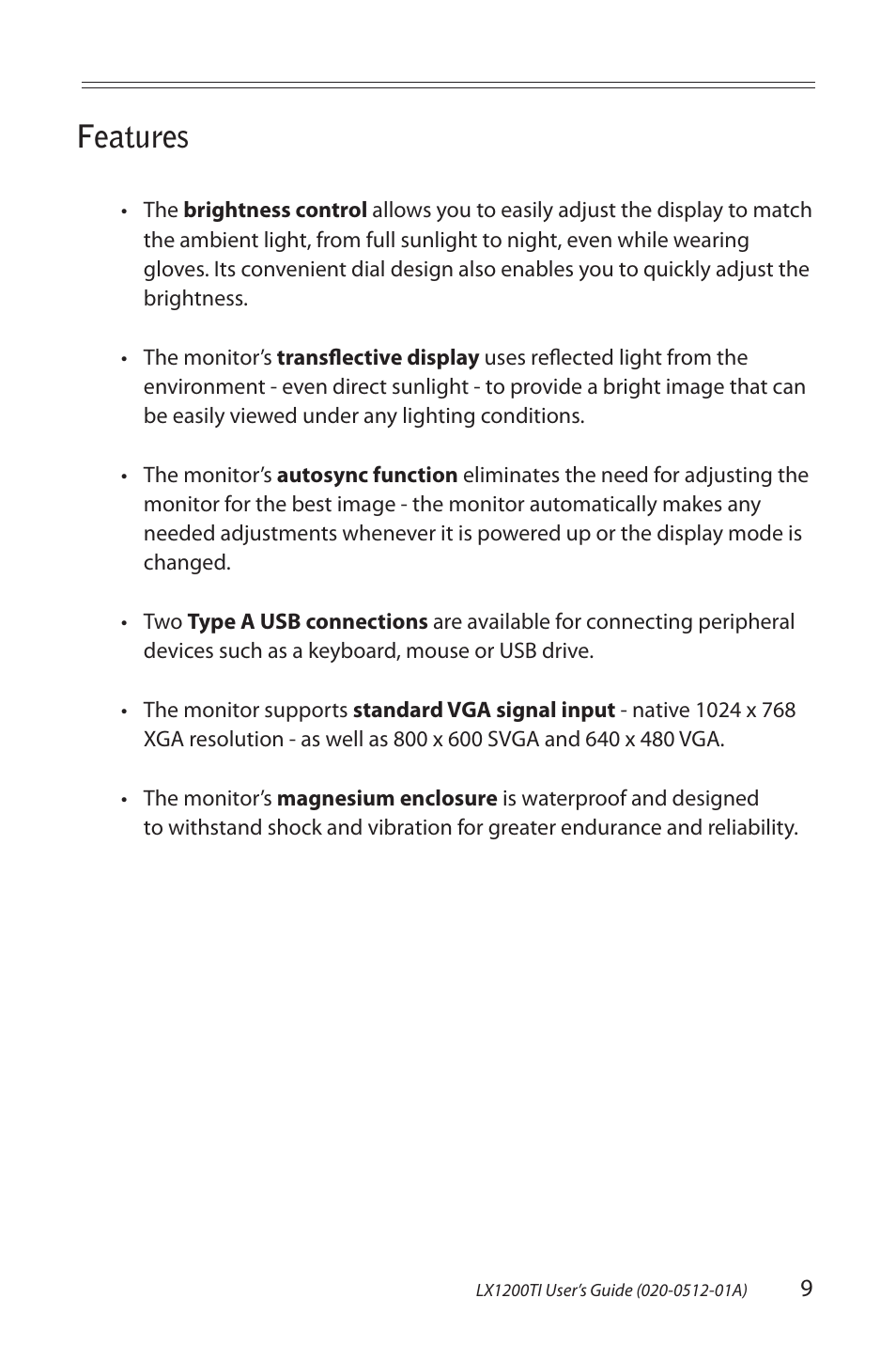 Features | Planar Touch Monitor LX1200TI User Manual | Page 9 / 29