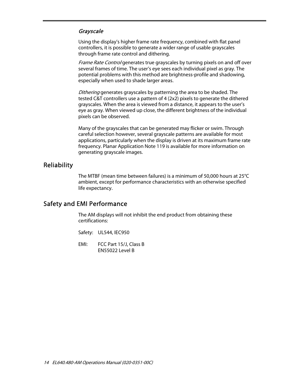 Reliability, Safety and emi performance | Planar ICEBrite EL VGA Displays EL640.480-AM User Manual | Page 16 / 21