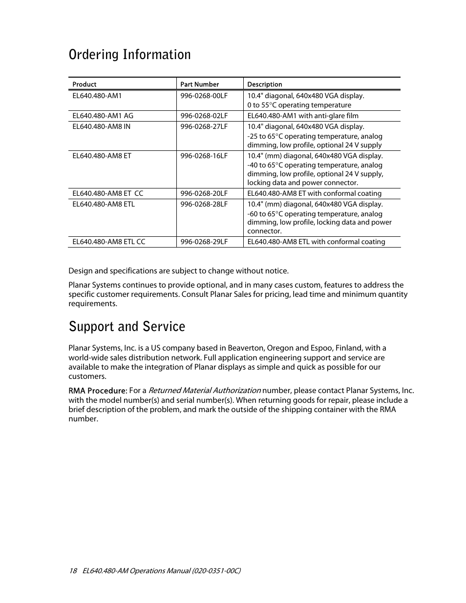 Ordering information, Support and service | Planar ICEBrite EL VGA Displays EL640.480-AM User Manual | Page 20 / 21