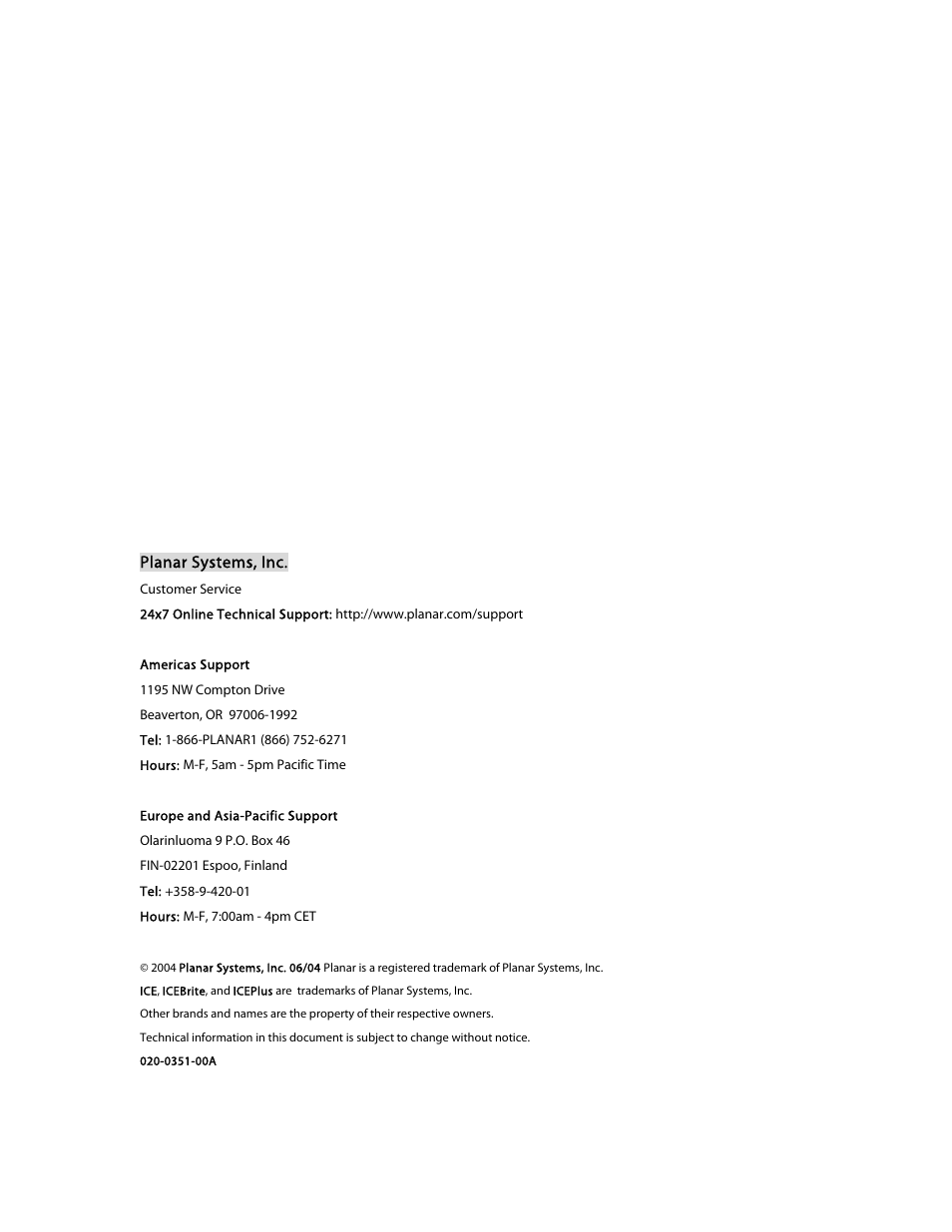 Planar ICEBrite EL VGA Displays EL640.480-AM User Manual | Page 21 / 21