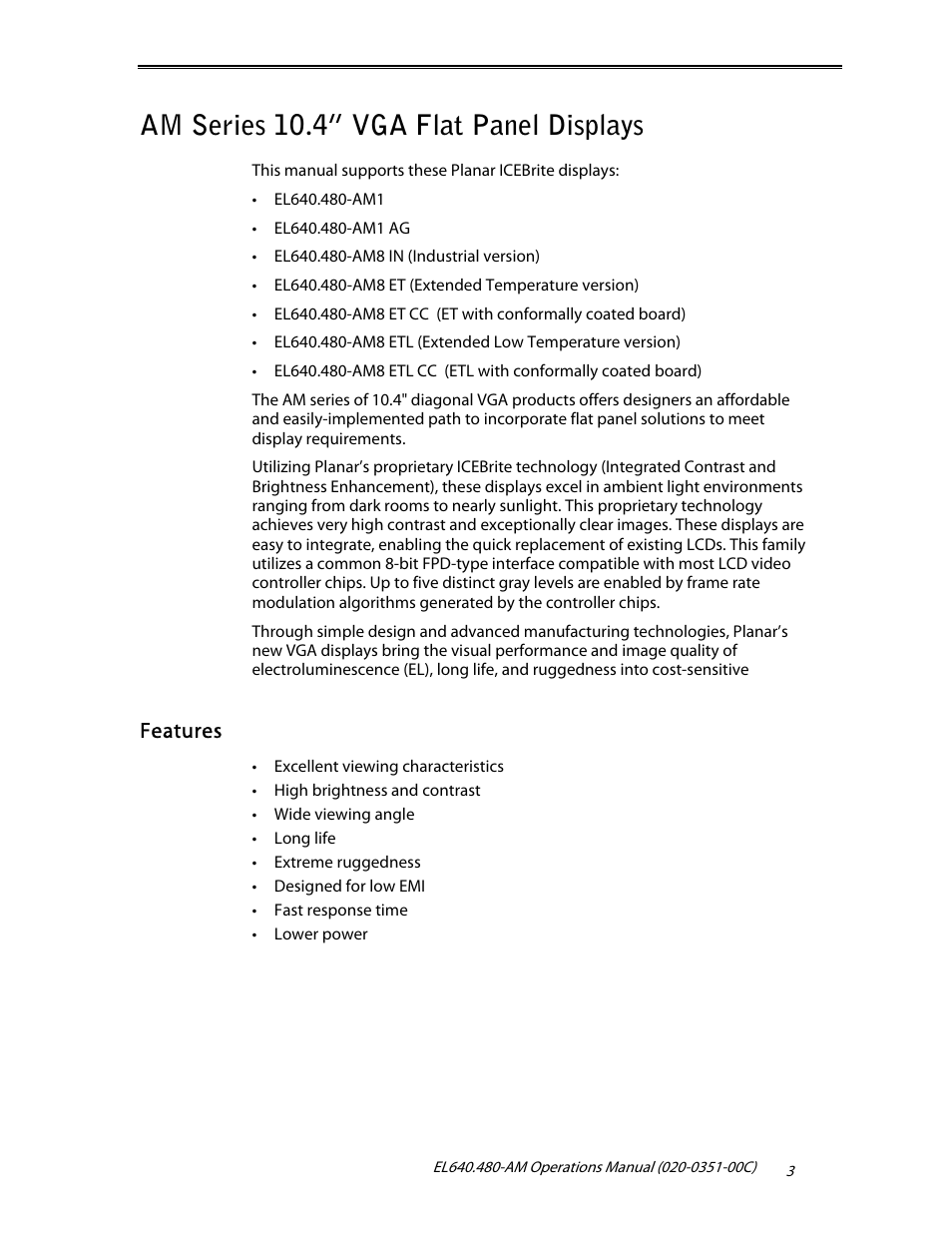 Am series 10.4” vga flat panel displays, Features | Planar ICEBrite EL VGA Displays EL640.480-AM User Manual | Page 5 / 21