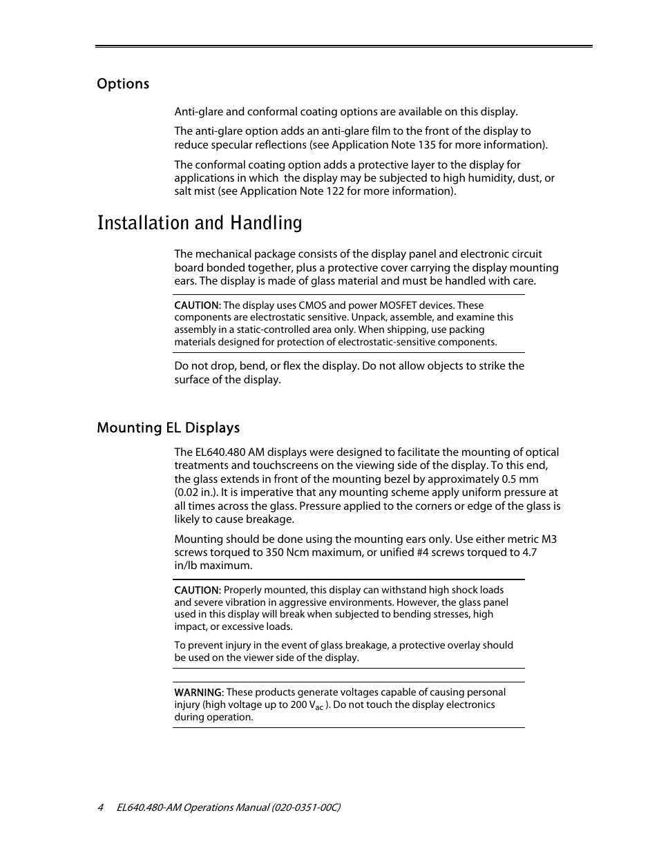 Installation and handling, Options, Mounting el displays | Planar ICEBrite EL VGA Displays EL640.480-AM User Manual | Page 6 / 21