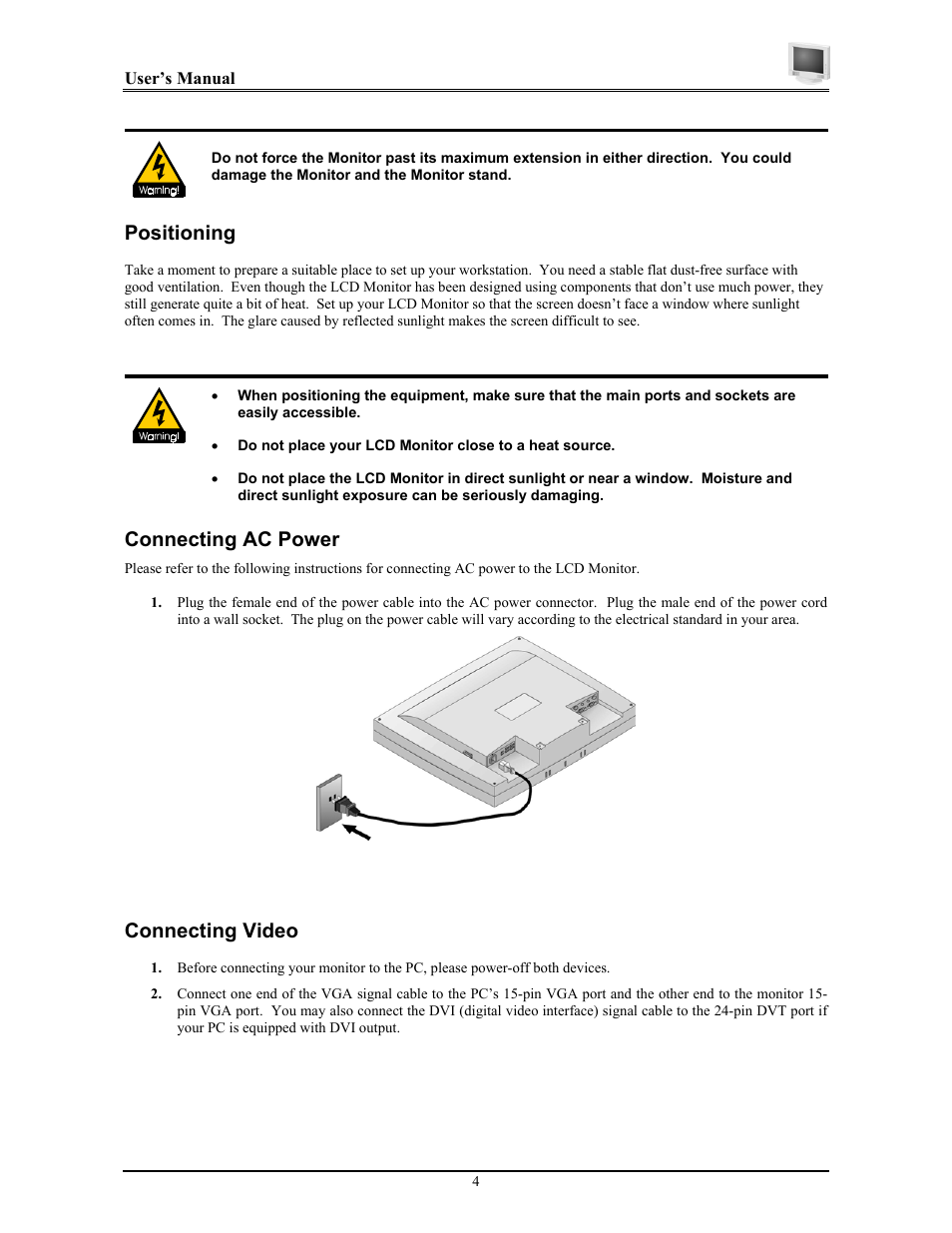 Positioning, Connecting ac power, Connecting video | Planar PT1814NUV User Manual | Page 10 / 20