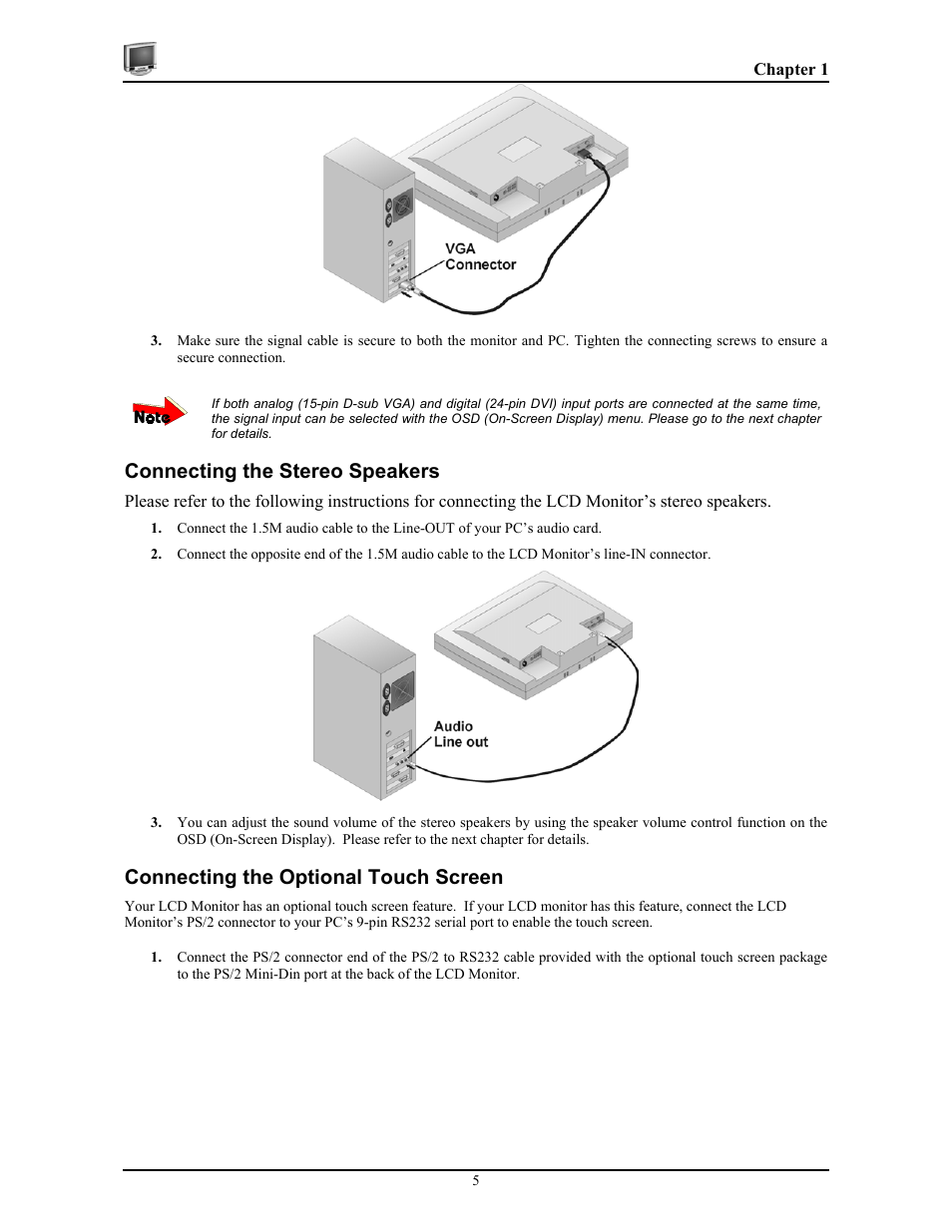 Connecting the stereo speakers, Connecting the optional touch screen | Planar PT1814NUV User Manual | Page 11 / 20