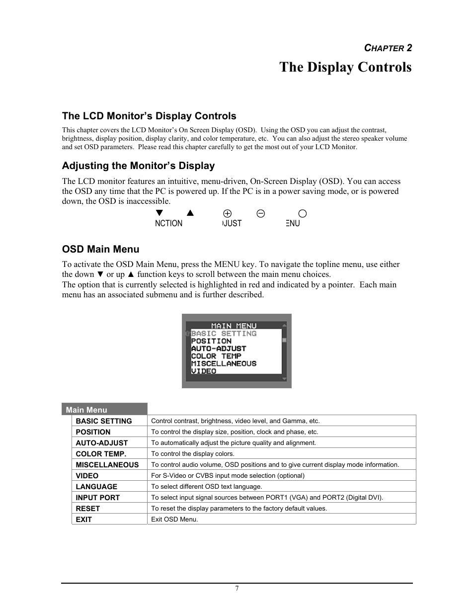 The display controls, The lcd monitor’s display controls, Adjusting the monitor’s display | Osd main menu | Planar PT1814NUV User Manual | Page 13 / 20