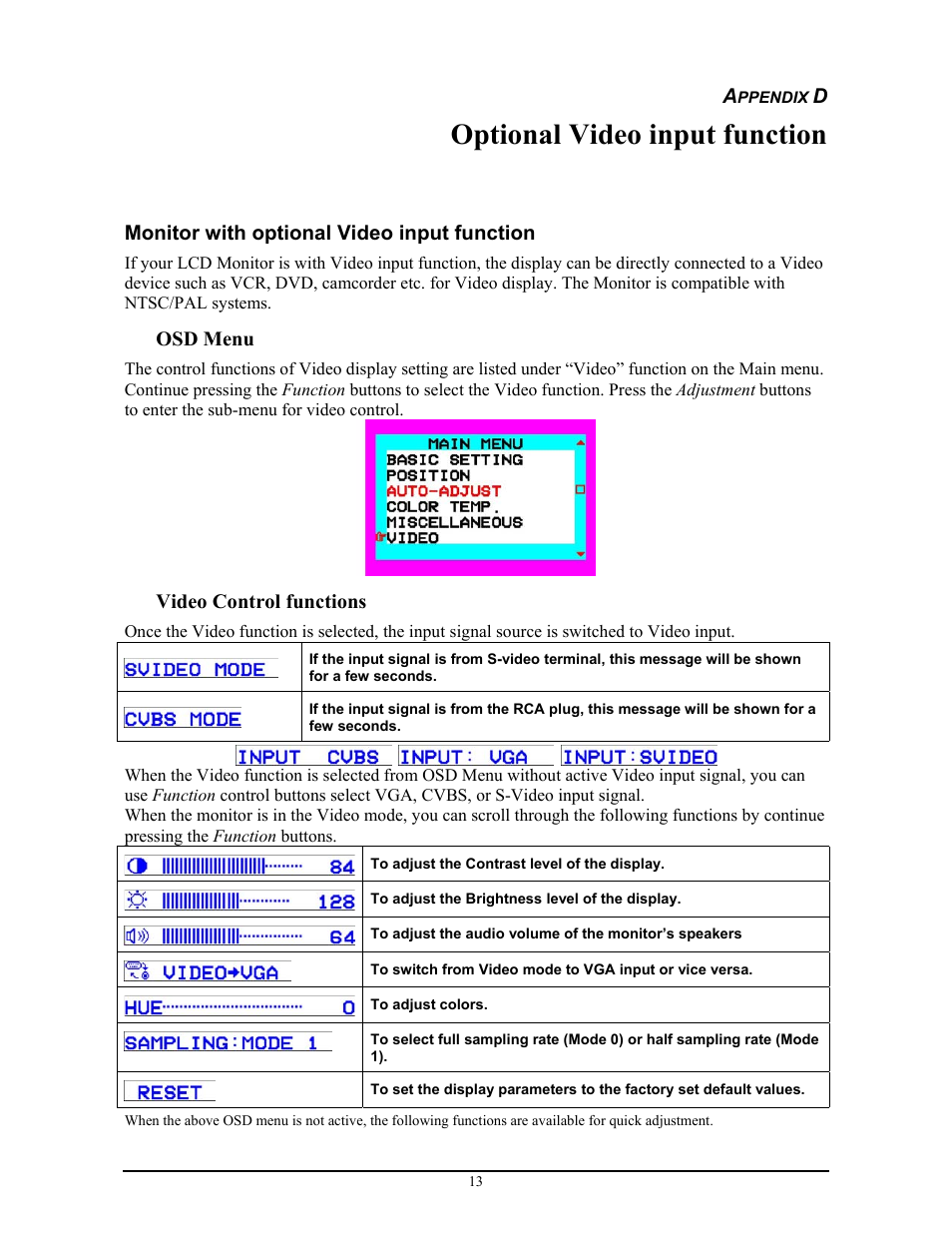 Optional video input function, Monitor with optional video input function, Osd menu | Video control functions | Planar PT1814NUV User Manual | Page 19 / 20