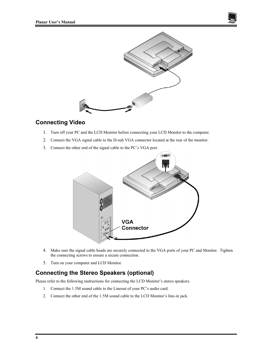 Connecting video, Connecting the stereo speakers (optional) | Planar PT1503Z User Manual | Page 10 / 19