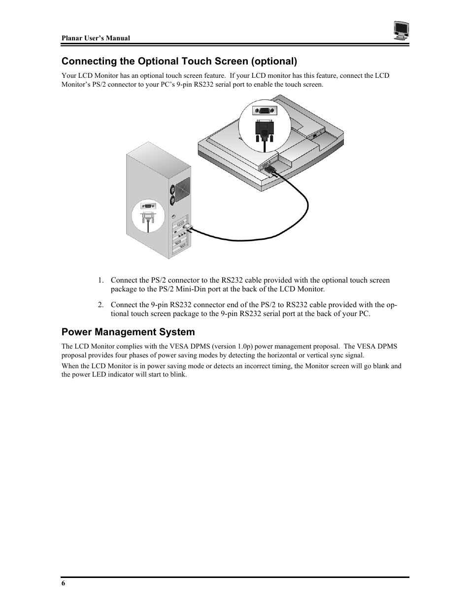 Connecting the optional touch screen (optional), Power management system | Planar PT1503Z User Manual | Page 12 / 19