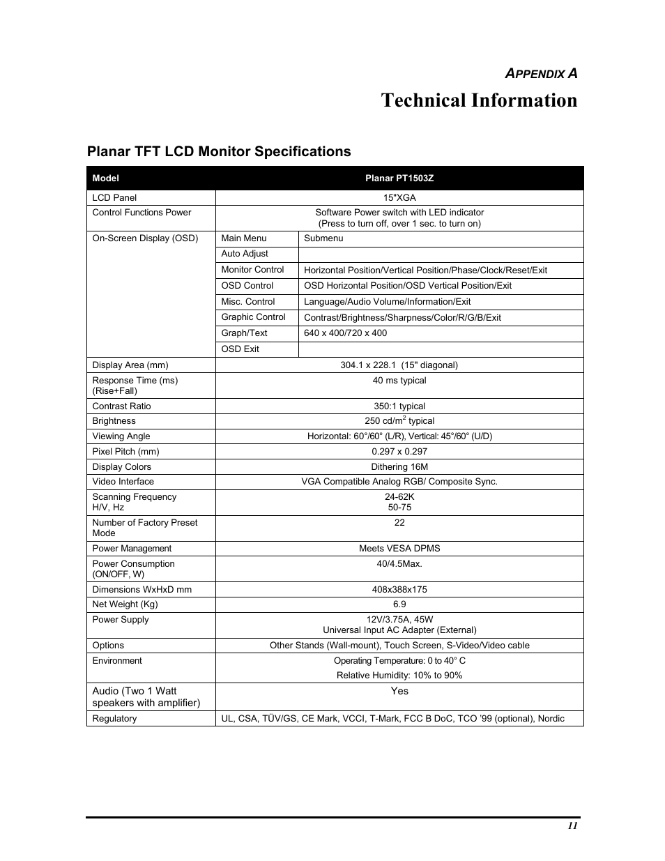 Technical information, Planar tft lcd monitor specifications | Planar PT1503Z User Manual | Page 17 / 19