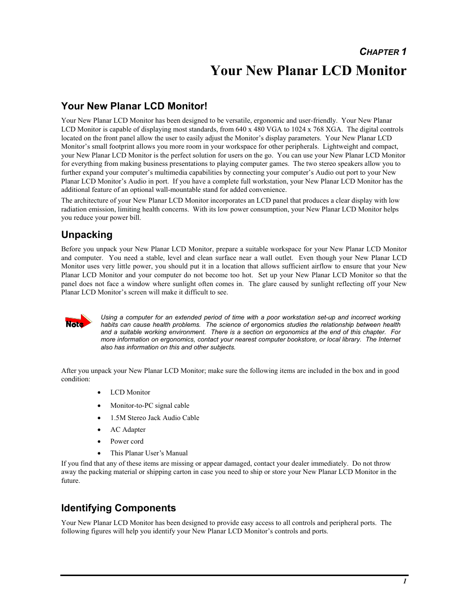 Your new planar lcd monitor, Unpacking, Identifying components | Planar PT1503Z User Manual | Page 7 / 19